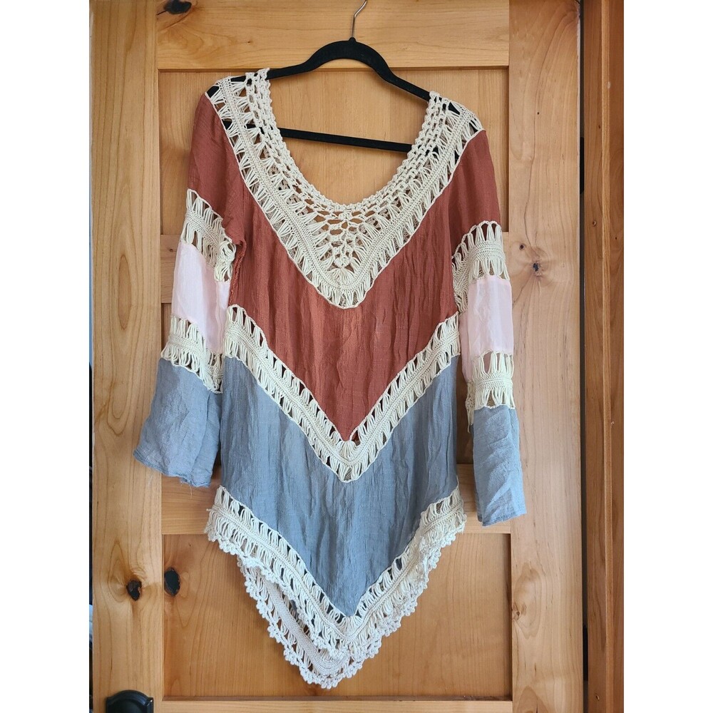 70s Boho Crochet Resort Bell Sleeve Festival Top Hippie Swim Cover Up SMALL S‎